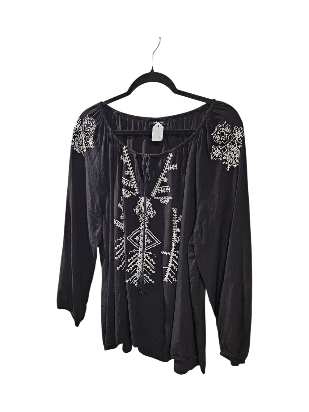 torrid Black Embroidered Peasant Blouse with Tassel Tie